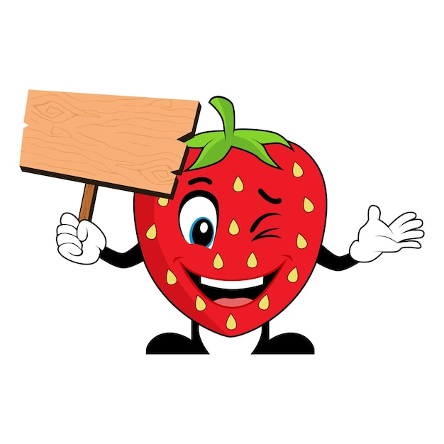 Strawberry Mascot Cartoon Holding Up A Blank Wood Sign