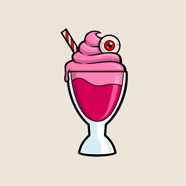 Vector strawberry milk shake in a glass with choco roll and eye