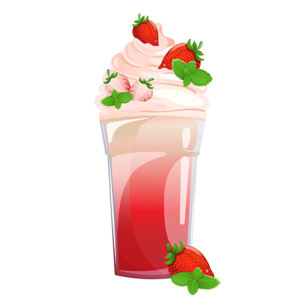벡터 크림, 신선 한 딸기 및 민트 잎 과 함께 컵 에 딸기 밀크 이크 우유 음료