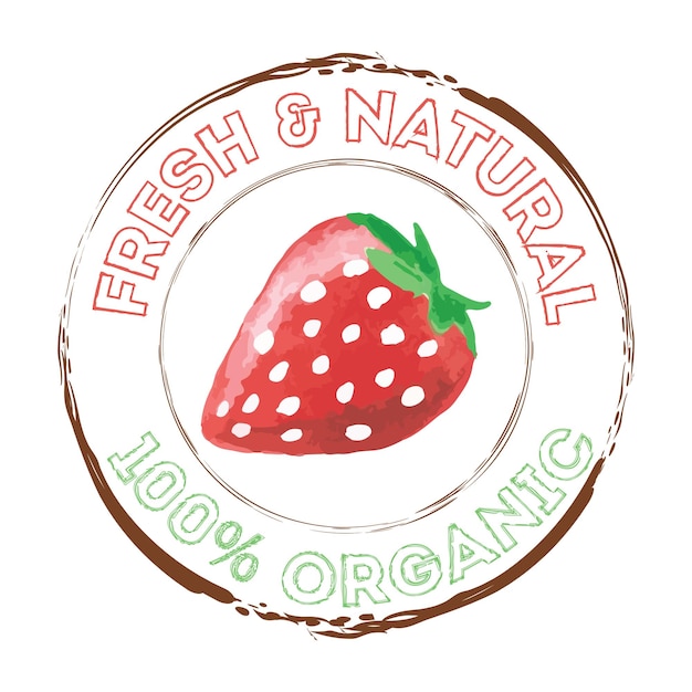 Vector strawberry organic fruit grunge rubber stamp or label on white template for eco food or farm