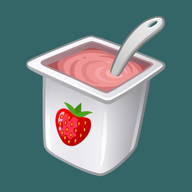 Vettore yogurt rosa fragola con cucchiaio