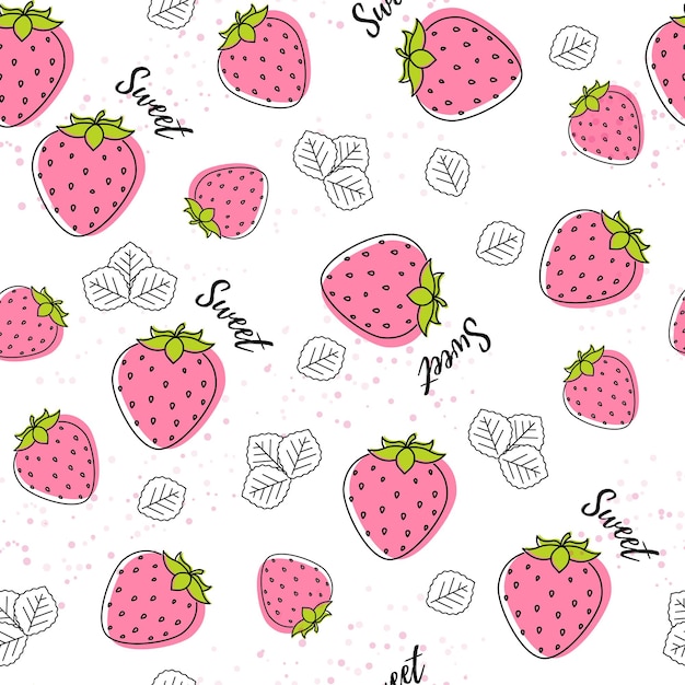 Motivo vettoriale senza giunture alla fragola fragole rosa e foglie di linea con tratto di doodle nero su sfondo bianco