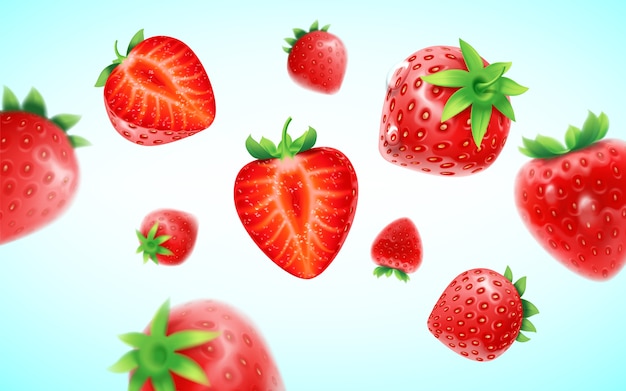 Strawberry set, detailed realistic ripe fresh strawberries with half and green leaves