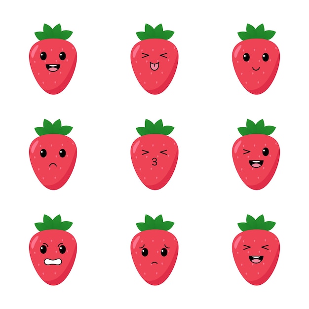 Strawberry set with kawaii emotions Flat design vector Illustration