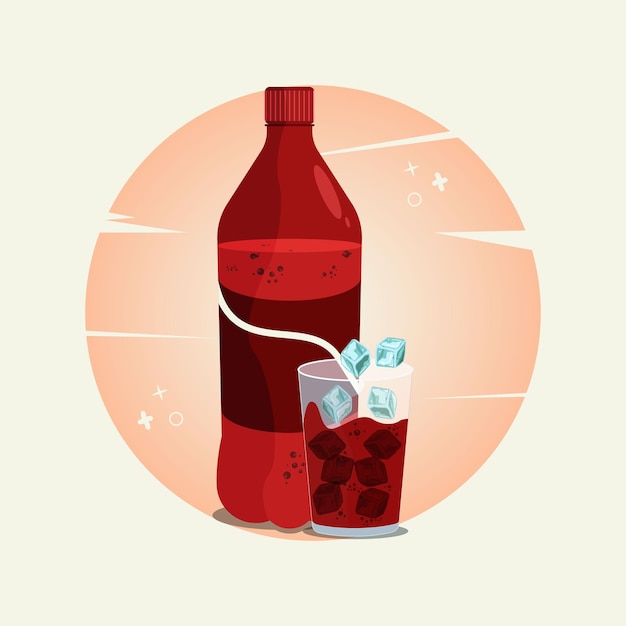 Strawberry soda pet bottle and on the glass with ice cubes vector illustration