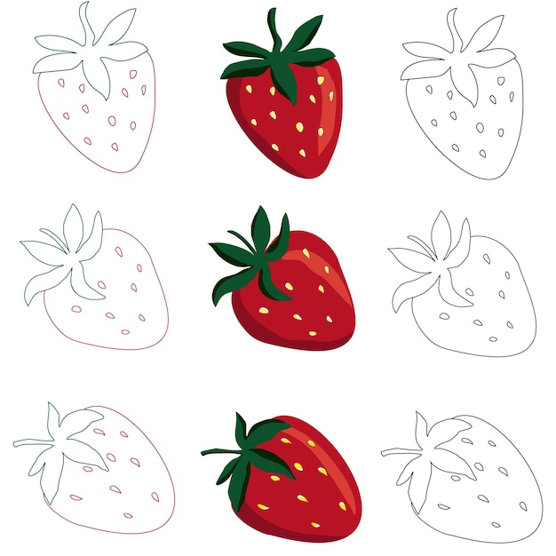 ストロベリー・サマー・ハンド・ドローン・フルーツ・セット (Strawberry Summer Hand Draw Fruit Set) はカラフルなラインアートでロゴカードカラーブック招待状甘い食べ物クリップアート白い背景のアイソレートを用いたベクトルイラストのアイコンです