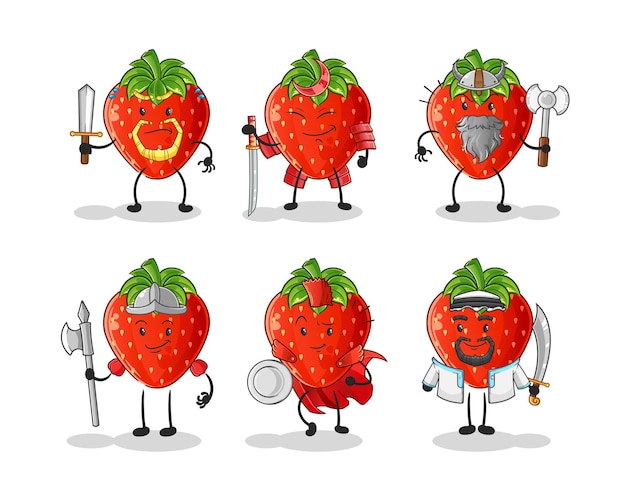 Strawberry warrior group character cartoon mascot vector