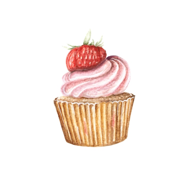 Vector strawberry watercolor cupcake