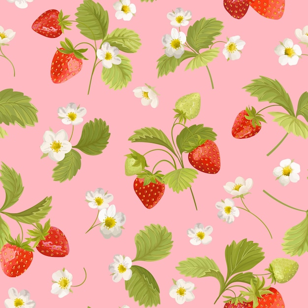 Strawberry with flowers, wild berries, leaves vector pattern. Seamless background texture illustration in watercolor style for summer cover, botanical wallpaper, vintage backdrop, wedding invitation