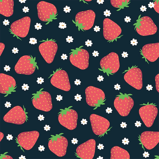 Strawberry with leaves and flowers vector pattern background Fruit illustration isolated