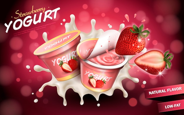 Strawberry yogurt ads, appetizing fruit yogurt with cream texture and strawberry splashing in the air, 3d illustration isolated