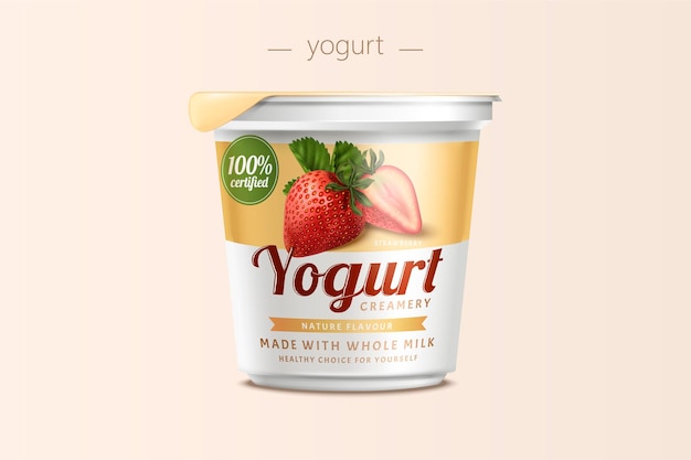 Vettore design della confezione di yogurt alla fragola, contenitore per alimenti