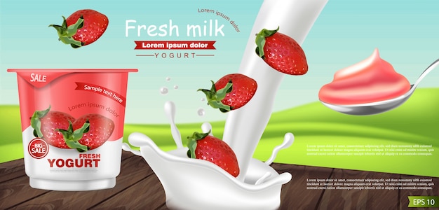 Vector strawberry yogurt realistic mockup