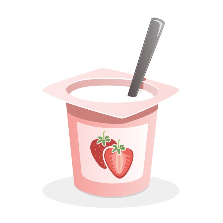 Vector strawberry yogurt with spoon inside on white background