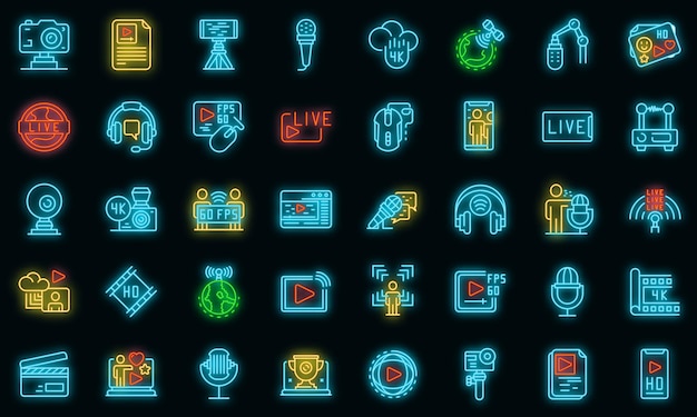 Stream icons set vector neon