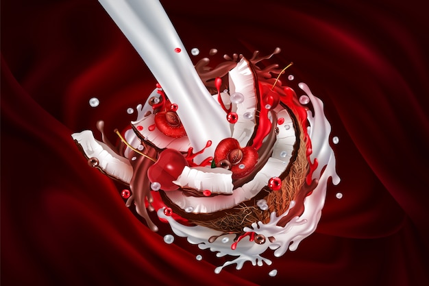 Vector stream of milk and coconut with cherries in cherry juice.