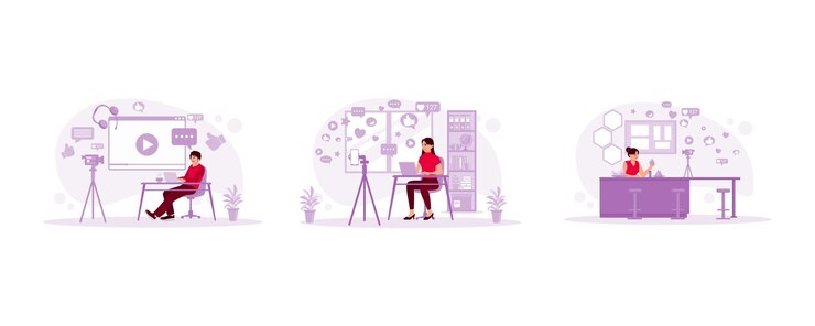 Vector stream podcasts online on mobile a young woman in the kitchen recording video on camera
