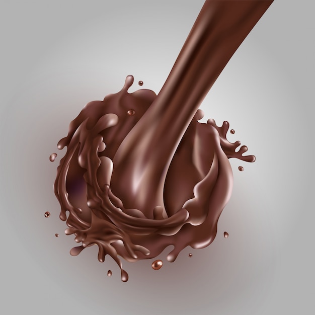 Flusso di cioccolato versando su uno sfondo grigio