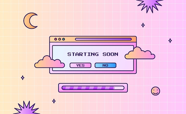 Stream starting soon offline screen ui layout modern pink purple gradient with cloud and window interface for gaming or streaming