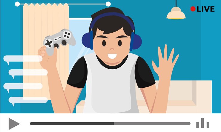 Stream with guy playing videogames Streaming services Vector illustration