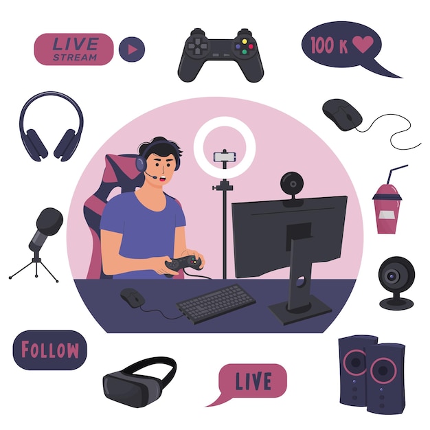 Streamer playing online video game on computer and recording video using web camera and microphone