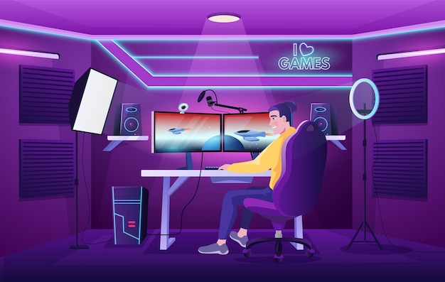 Vettore sala streamer i giocatori professionisti giocano a giochi per computer in un'impostazione di streaming interna di gioco presso lo studio di cyber sport cartoon vector illustration