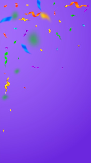streamers and confetti. colorful streamers tinsel and foil ribbons. confetti falling rain on violet background. bewitching party overlay template.