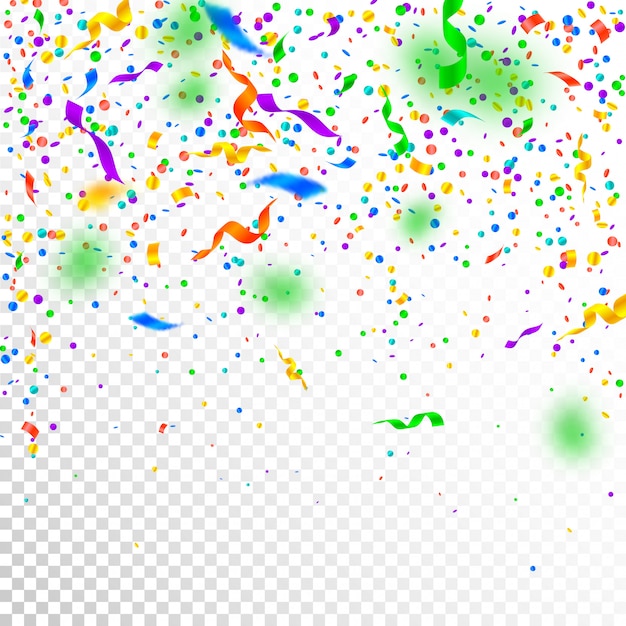 Streamers en confetti. kleurrijke klatergoud en folielinten. confetti vallende regen op witte transparante achtergrond. paty overlay-sjabloon. viering concept.