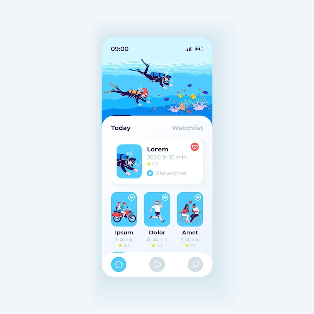 Vector streaming application smartphone interface vector template. mobile app page light design layout. vloggers content updates screen. flat ui for application. entertaining live videos on phone display.