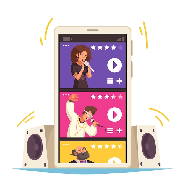 Streaming music mobile app concept with different singers on smartphone screen flat