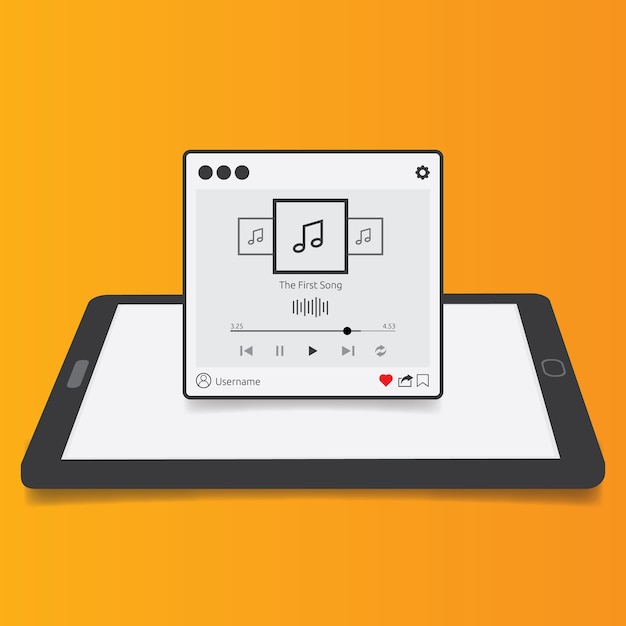 Streaming music player application with 3d tablet background, flat design style for mobile app, smartphones, pc or tablets. clean and modern. vector illustration