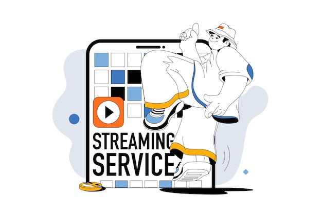 Streaming service concept with people scene in flat line design for web Man using online cinema platform or video stream player app Vector illustration for social media banner marketing material