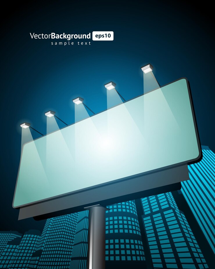 Vector street advertising billboard with backlight lanterns vector banner black metal placard on thick tube stand for video promotion and commercial