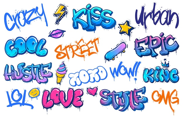 Street art lettering Crazy urban graffiti streets culture spray inscription and cool teenage wall scribble vector set