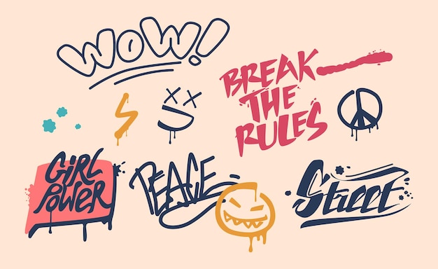 Street Art Lettering Set Graffiti Wow Break The Rules Girl Power And Peace Handgetekende woorden Schilderkunst Tekening op de muur Stedelijke cultuur Geïsoleerde typografie Elementen Cartoon Vector Illustratie