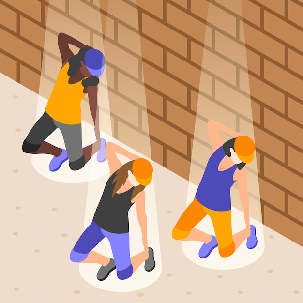 Street artists isometric background composition with dancers in spots of light in front of brick wall vector illustration