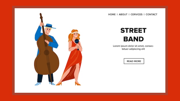 Banda di strada persone che eseguono canzone vettore all'aperto. street band donna cantando nel microfono e l'uomo la riproduzione di musica su strumento musicista contrabbasso. personaggi web piatto fumetto illustrazione