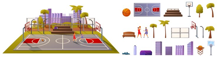 Вектор иконы уличного баскетбольного корта, набор мультфильмов, вектор, открытая городская арена