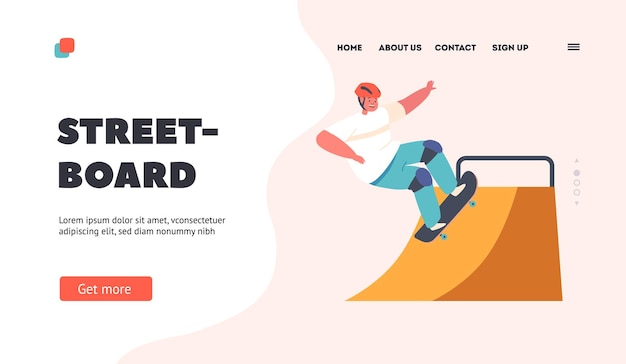 Street board landing page template boy in jumping on skateboard\
at quarter pipe ramp skateboarder teen character