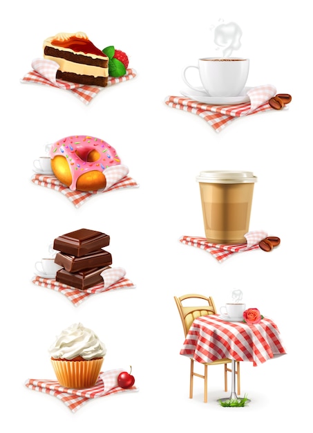 Vector street cafe, chocolate, cupcake, cake, cup of coffee, donut, vector icon set