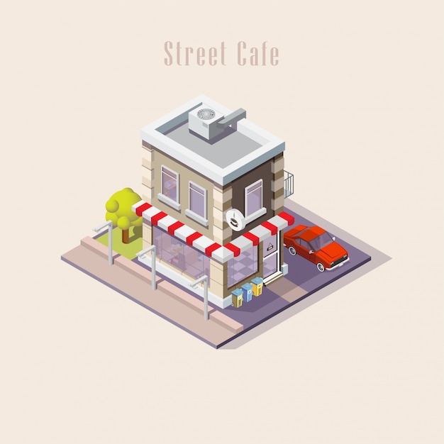 Street cafe isometric,   illustration. Restaurant with a parked car. A man visits a cafe. Two-story building