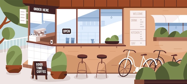 Street cafe kiosk exterior with menu board, furniture and bicycles. Modern takeaway coffee shop. Empty city summer landscape with open bistro and plants. Colored flat vector illustration.