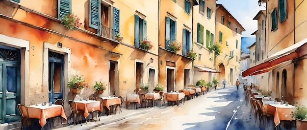 street cafe in wide watercolor