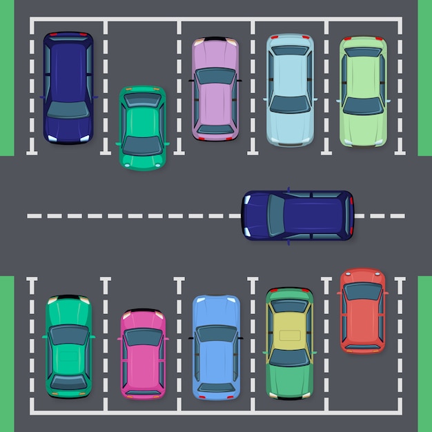 路上駐車。トップビューストリート車両、公共駐車場ビュー、自動輸送駐車場、シティオートパークイラストセット。上からのガレージ