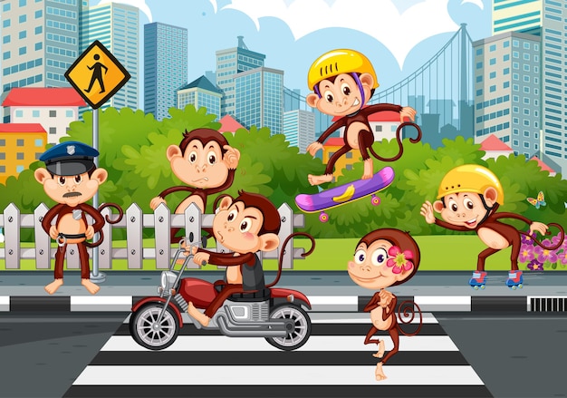 Street in the city scene with many monkeys