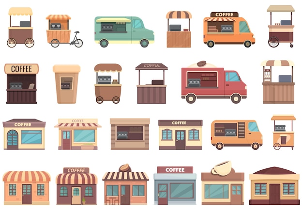 Street coffee icons set cartoon vector Car van