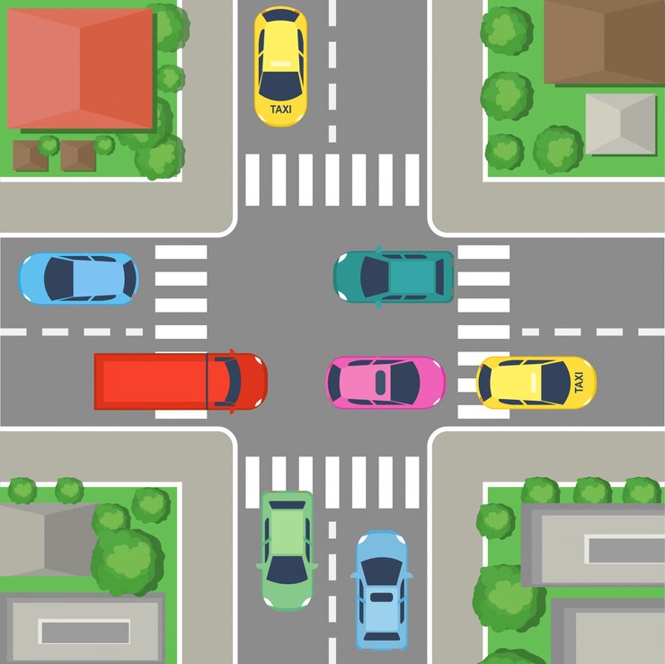 वेक्टर  street crossing in city. street top view with cars and roads, houses and trees. crossroad concept in flat cartoon style.