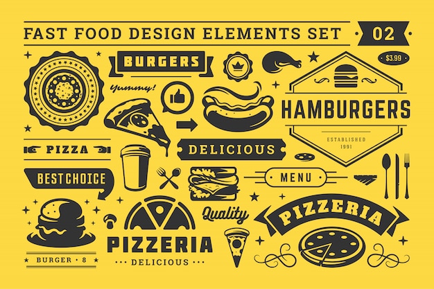 Street and fast food signs and symbols with retro typographic design elements vector set for restaurant menu decoration
