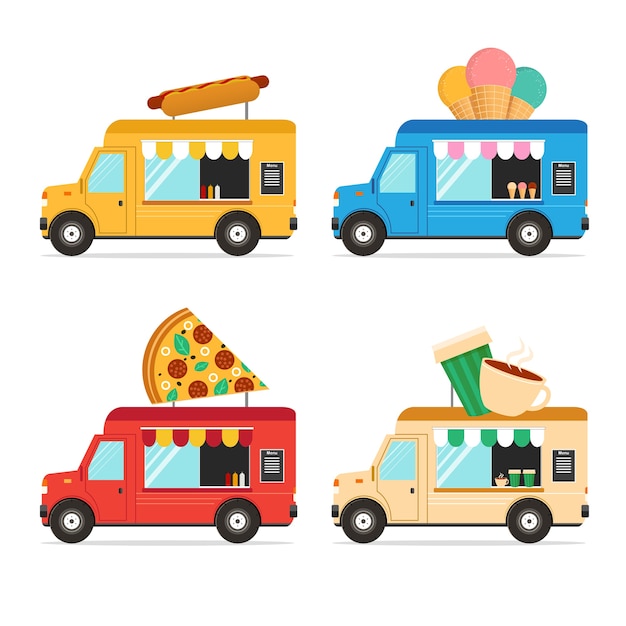 Street Fast Food Truck Set. Flat Design.  illustration