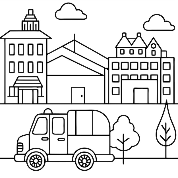 on a street a fire engine transports personnel and apparatus with buildings in the backdrop